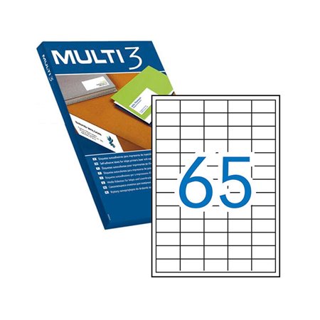 Pacote Multi3 com 6.500 etiquetas brancas de bordas retas, tamanho 38,0 x 21,2 mm, com adesivo permanente para múltiplos usos.