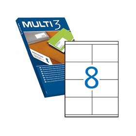 Pacote Multi3 com 800 etiquetas brancas com bordas retas, tamanho 105,0 x 70,0 mm, com adesivo permanente para múltiplos usos.
