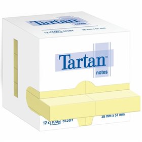 Pacote com 12 blocos de notas adesivas reposicionáveis Tartan com 100 unidades cada, 51x38mm - 100% PEFC - Amarelo Claro