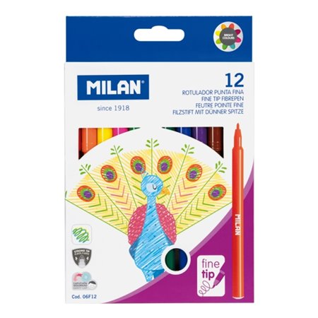 Kit com 12 Marcadores Milan - Tinta à base de água - Ponta fina de 2 mm - 154 mm - Cores sortidas