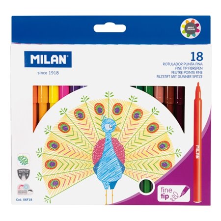 Kit Milan com 18 Marcadores - Tinta à Base de Água - Ponta Fina de 2mm - 154mm - Cores Sortidas