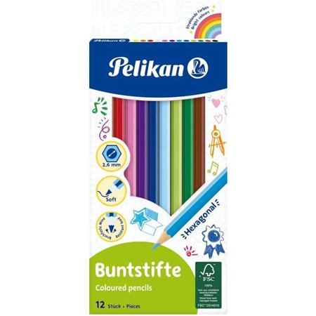 Caixa Pelikan com 12 lápis de cor hexagonais laqueados - Mina resistente à quebra - Certificado FSC