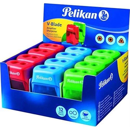 Apontador de lápis Pelikan V-Blade com furo duplo + estojo - Cores azul, vermelho e verde