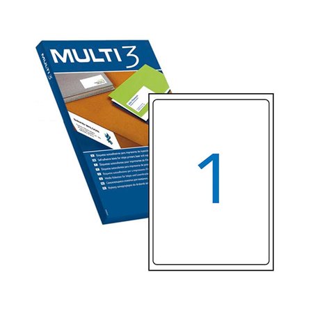 Pacote Multi3 com 100 etiquetas brancas com bordas arredondadas, tamanho 199,6 x 289,1 mm, com adesivo permanente para múltiplos