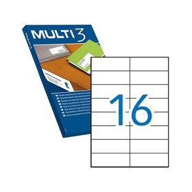 Pacote Multi3 com 8.000 etiquetas brancas com bordas retas, tamanho 105,0 x 37,0 mm, com adesivo permanente para múltiplos usos.