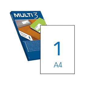 Pacote Multi3 com 500 etiquetas brancas com bordas retas, tamanho 210,0 x 297,0 mm, com adesivo permanente para múltiplos usos.