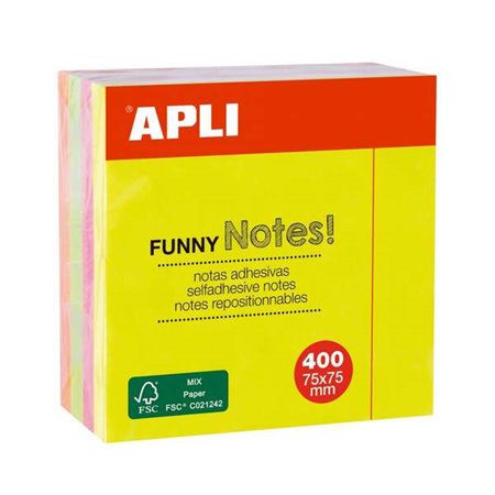 Bloco de Notas Adesivas Apli Funny Cube com 400 unidades, 75 x 75 mm - Cores Fluorescentes Sortidas
