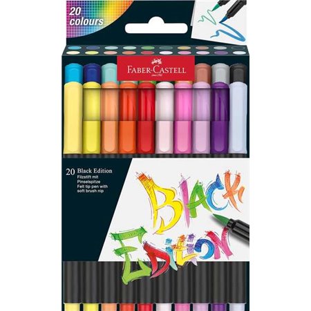 Faber-Castell Black Edition - Pacote com 20 Marcadores de Ponta Pincel - Tinta à Base de Corante Alimentício - Cores Sortidas