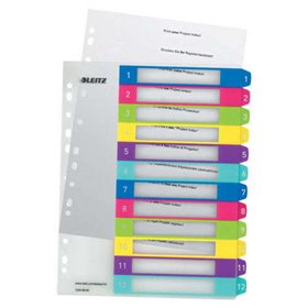 Fichas de índice de plástico imprimíveis Leitz WOW, multicoloridas, com 12 abas - perfuradas várias vezes - formato A4 - translú