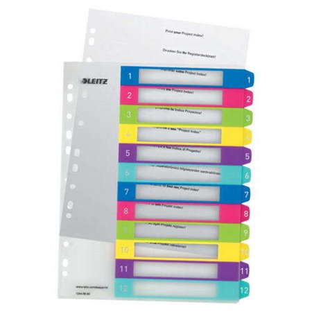 Fichas de índice de plástico imprimíveis Leitz WOW, multicoloridas, com 12 abas - perfuradas várias vezes - formato A4 - translú