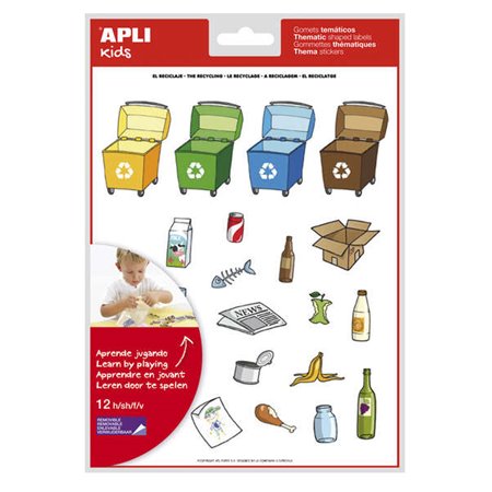Pacote com 276 adesivos temáticos de reciclagem da Apli - Adesivo removível - Ilustrações divertidas - Ideal para escolas - 100%