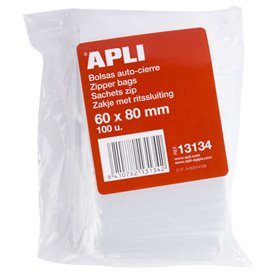 Sacos transparentes com fecho zip autoadesivo Apli 60x80mm - Material LDPE - Fecho seguro e fácil manuseio - Grau alimentício - 