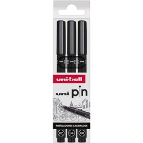 Conjunto de 3 marcadores calibrados Uni-ball Uni Pin 0,2, 0,4 e 0,8 - Ponta de poliacetal - Tinta pigmentada resistente à água e