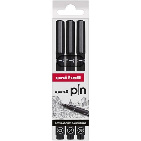 Conjunto de 3 marcadores calibrados Uni-ball Uni Pin 0,2, 0,4 e 0,8 - Ponta de poliacetal - Tinta pigmentada resistente à água e