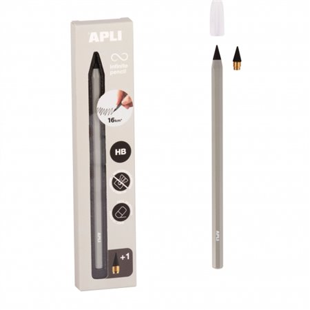 Conjunto de Lápis Apli Infinite com Grafite HB + Refil de Grafite + Tampa Protetora - Escreve até 16 km - Cinza