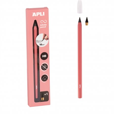 Conjunto de lápis Apli Infinite com lápis HB + grafite de recarga + tampa protetora - Escreve até 16 km - Rosa