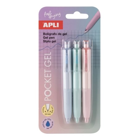 Apli Pocket Gel - Pacote com 3 Mini Canetas de Tinta Gel Retráteis - Tinta Azul - Corpos em Cores Pastel Variadas