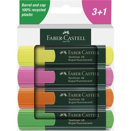 Faber-Castell Textliner 48 - Pacote com 4 Marcadores Fluorescentes - Ponta Chanfrada - Espessura da Linha entre 1,2 mm e 5 mm - 