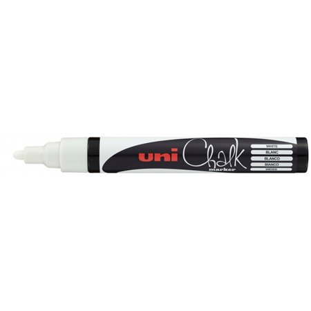 Marcador de giz líquido Uni-ball PWE-5M - Ponta cônica de 1,8 a 2,5 mm - Apagável com água - Resistente à chuva - Branco