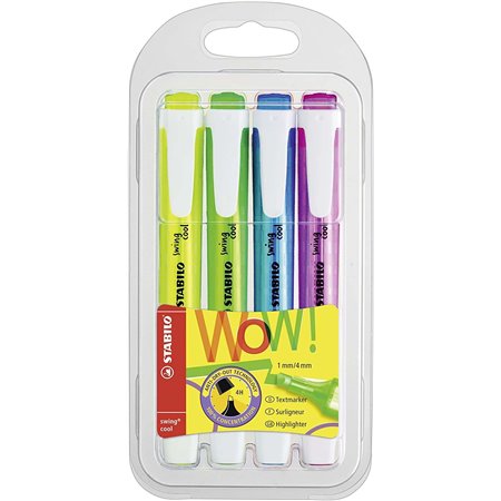 Kit com 4 Marcadores Fluorescentes Stabilo Swing Cool - Corpo Plano - Ponta Chanfrada - Espessura da Linha entre 1 e 4 mm - Tint