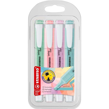 Kit com 4 Marcadores Fluorescentes Stabilo Swing Cool Pastel - Corpo Plano - Ponta Chanfrada - Espessura da Linha entre 1 e 4 mm