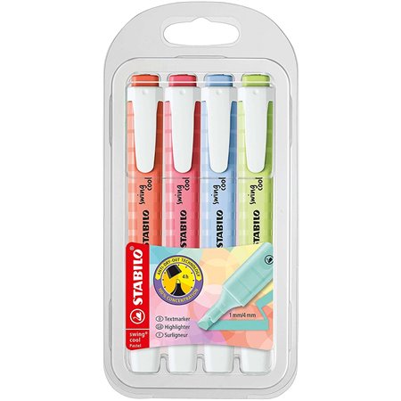 Kit com 4 Marcadores Fluorescentes Stabilo Swing Cool Pastel - Corpo Plano - Ponta Chanfrada - Espessura da Linha entre 1 e 4 mm