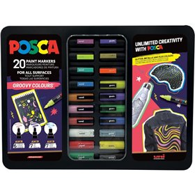 Estojo metálico Posca Groovy Colors com 20 marcadores de tinta - Cores e espessuras de traço sortidas - Ponta de poliéster - Tin