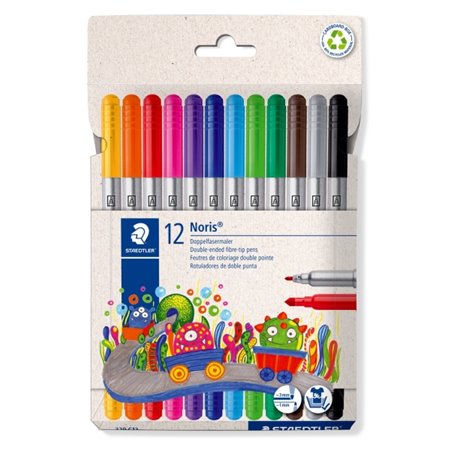 Staedtler Noris 320 - Pacote com 12 Marcadores - Ponta de Fibra Dupla - Espessuras de Traço de 1 e 3 mm - Tampa Ventilada - Core