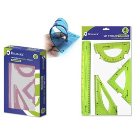 Conjunto de 4 réguas flexíveis Bismark - Régua reta - Transferidor - Esquadro - Esquadro - Cores sortidas