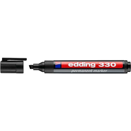 Marcador permanente Edding 330 - Ponta chanfrada - Largura da linha entre 1 e 5 mm - Tinta praticamente inodora - Tampa com clip