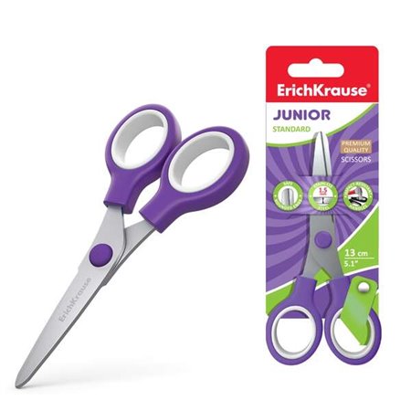 Tesoura Erichkrause Standard Junior em aço inoxidável, 13 cm - Pontas arredondadas - Resistente à corrosão - Cabos de plástico d