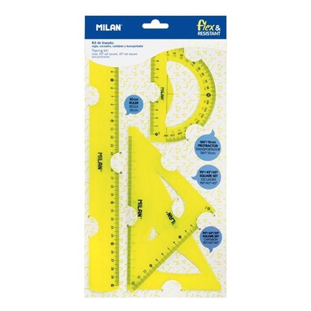 Conjunto Milan com 4 réguas flexíveis e duráveis - régua, esquadro, triângulo e transferidor - Amarelo