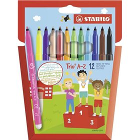 Kit Stabilo Trio AZ com 12 Canetas de Fibra de Ponta Fina - Espessura da Linha 0,7mm - Tinta Super Lavável - Formato Triangular 