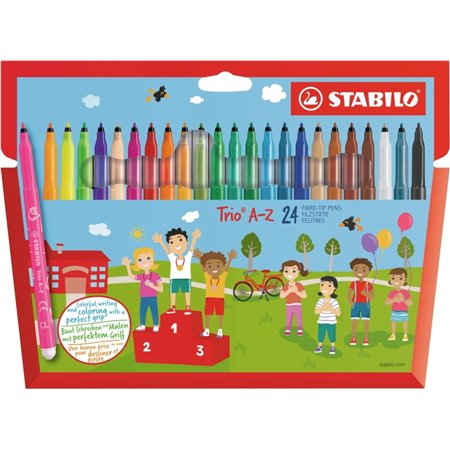 Conjunto Stabilo Trio AZ com 24 canetas de fibra de ponta fina - Espessura da linha de 0,7 mm - Tinta lavável - Área de pega tri