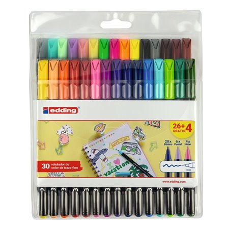 Edding 1200 Pacote com 30 Marcadores - Ponta Redonda - Tinta à Base de Água - Cores Sortidas Clássicas, Neon e Pastel