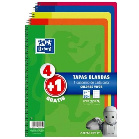 Pacote Oxford com 4+1 Cadernos Espirais, Formato Fólio, Quadriculado 4x4mm - 80 Folhas - Capa Flexível - Cores Sortidas