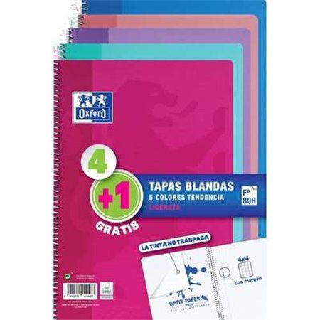 Pacote Oxford com 4+1 Cadernos Espirais, Formato Fólio, Quadriculado 4x4mm - 80 Folhas - Capa Flexível - Cores Variadas e Modern