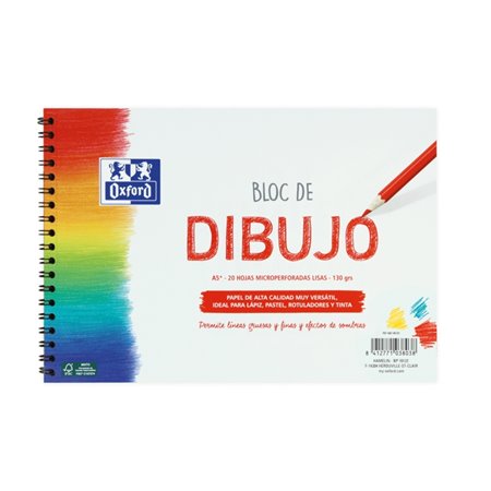 Bloco de desenho escolar Oxford, espiral, tamanho A5+ - Capa flexível/Capa dura - 20 folhas, 130 g/m², liso