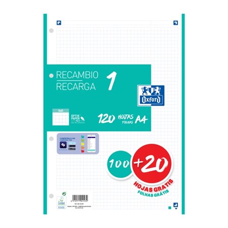 Papel para recarga Oxford School A4, 120 folhas, quadriculado 5x5mm - 4 furos - faixa na cor menta gelo