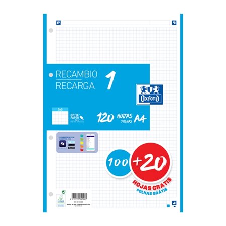 Papel para recarga Oxford School A4, 120 folhas, quadriculado 5x5mm - 4 furos - faixa turquesa
