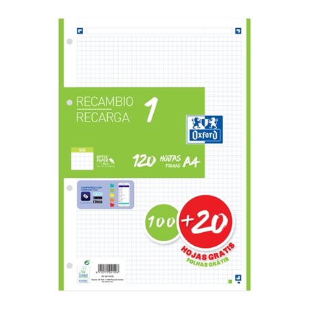 Papel para recarga Oxford School A4, 120 folhas, quadriculado 5x5mm - 4 furos - faixa verde