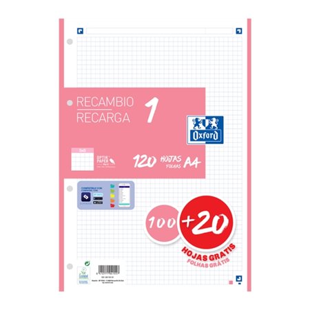 Papel para recarga Oxford School A4, 120 folhas, quadriculado 5x5mm - 4 furos - faixa rosa