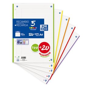 Pacote de recarga escolar Oxford com 120 folhas A4, 1 linha - 5 faixas coloridas