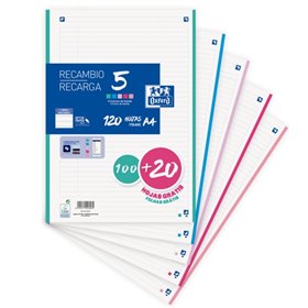 Caderno escolar Oxford, refil com 120 folhas A4, 1 linha, 4 furos e 5 faixas coloridas.