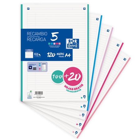 Caderno escolar Oxford, refil com 120 folhas A4, 1 linha, 4 furos e 5 faixas coloridas.