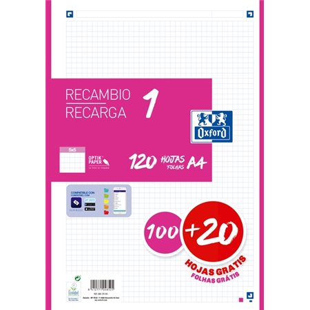 Papel para recarga Oxford School A4, 120 folhas, quadriculado 5x5mm - 4 furos - faixa na cor fúcsia