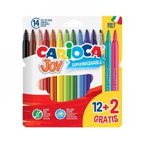 Conjunto de 12+2 Marcadores Super Laváveis Carioca Joy - Ponta Bloqueada de 2,8 mm - Tampa Ventilada - Cores Sortidas