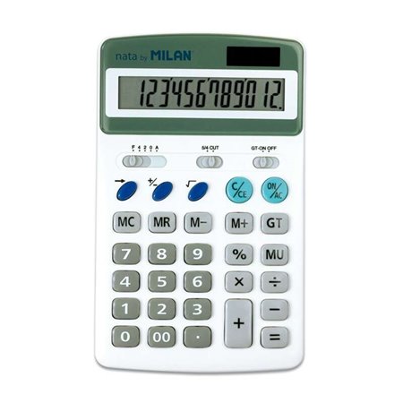 Calculadora Milan de 12 dígitos - 3 teclas de memória - Cálculo de raiz quadrada e margem - Desligamento automático - Branca