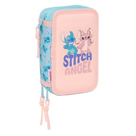 Estojo Safta Stitch Ohana de 3 Compartimentos - 37 Peças - 1,3L - Borracha - Lápis - Canetas - Apontador - Réguas - 16 Cores - 1