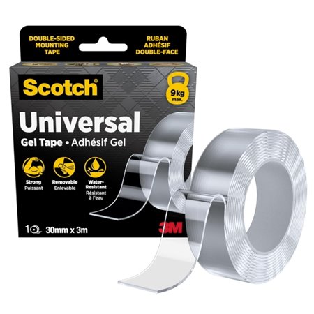 Fita adesiva dupla face em gel Scotch 30 mm x 3 m - Adesivo removível - Suporta com segurança até 9 kg - Transparente